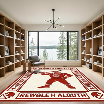 Crimson Warrior Emblem Geometric Border Rug