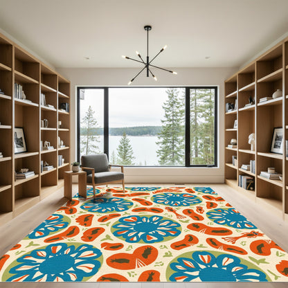 Whimsical Orange Blue Folk Art Rug