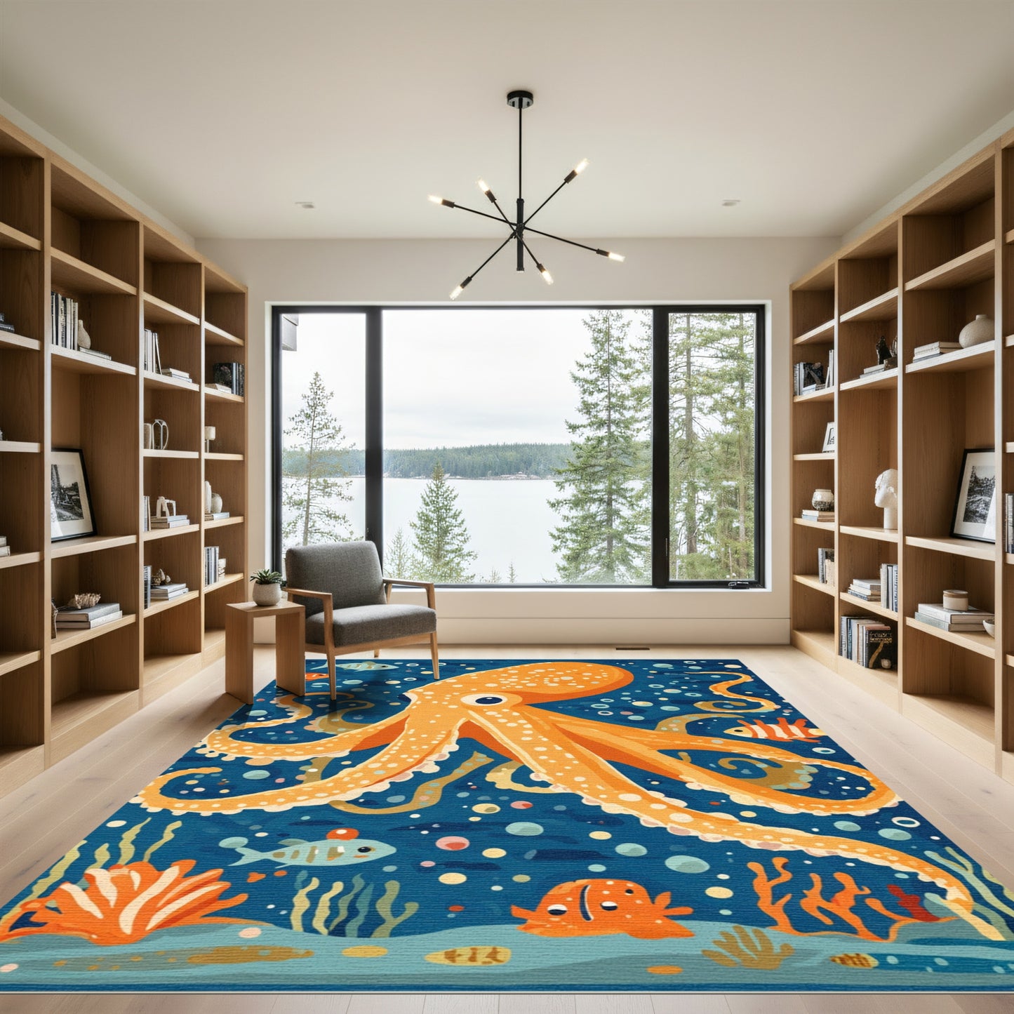 Whimsical Orange Octopus Underwater Scene Rug