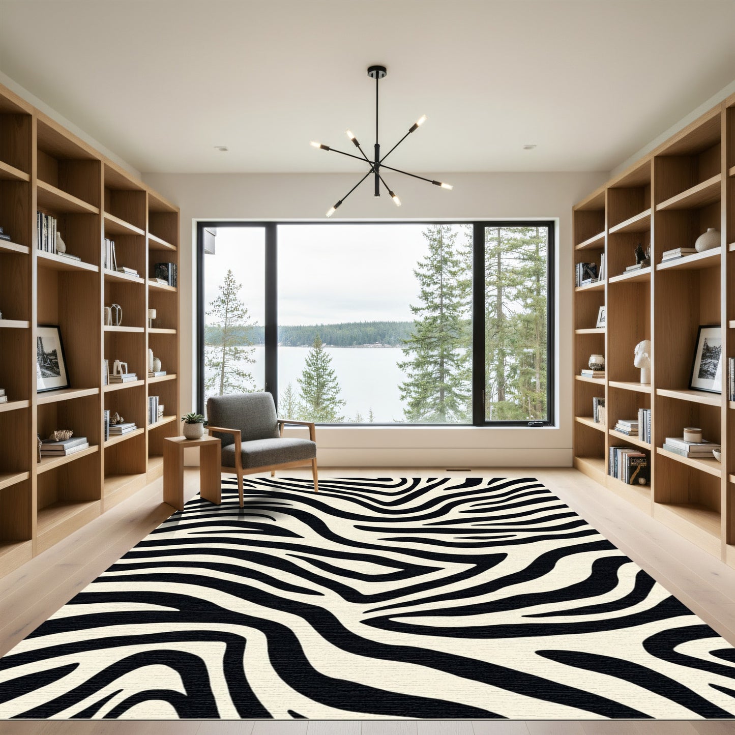 Bold Black Swirl Cream Stripes Rug