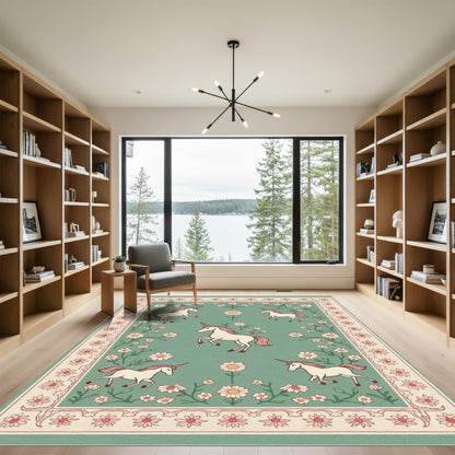 Whimsical Unicorn Meadow Floral Border Rug