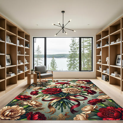 Red White Carnation Ribbon Bouquet Rug