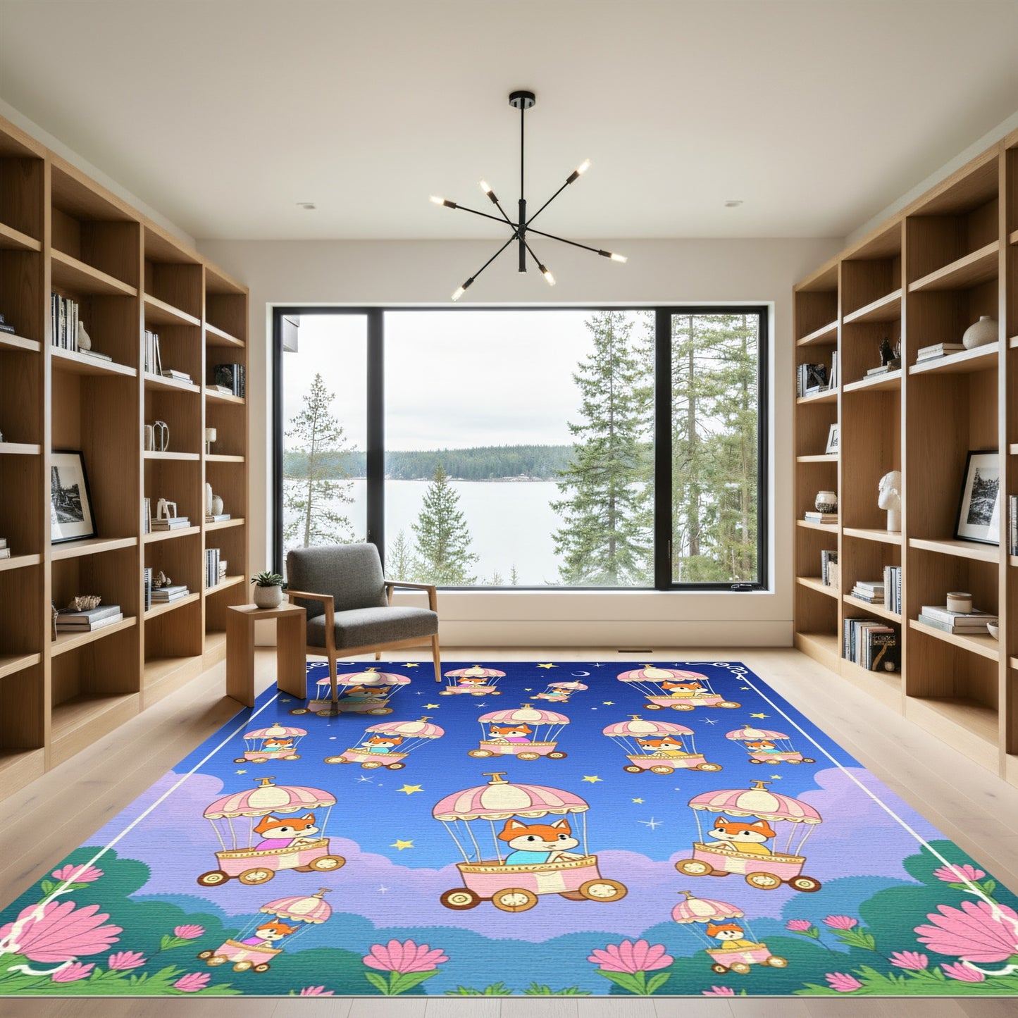 Whimsical Fox Hot Air Balloon Night Sky Rug