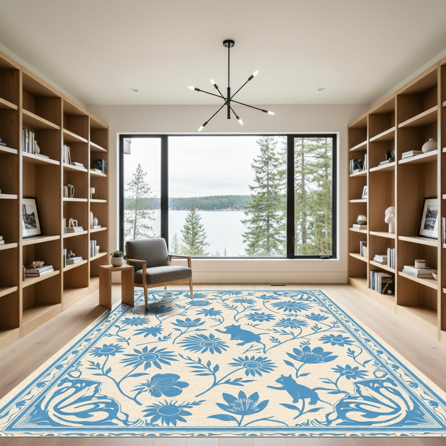 Blue Floral Cat Garden Border Rug