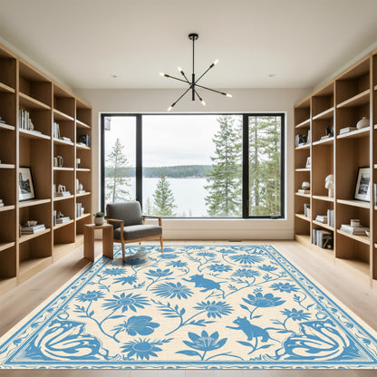 Blue Floral Cat Garden Border Rug