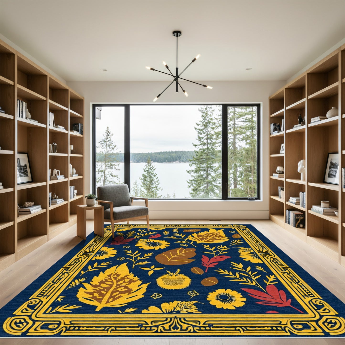 Navy Yellow Crimson Botanical Border Rug