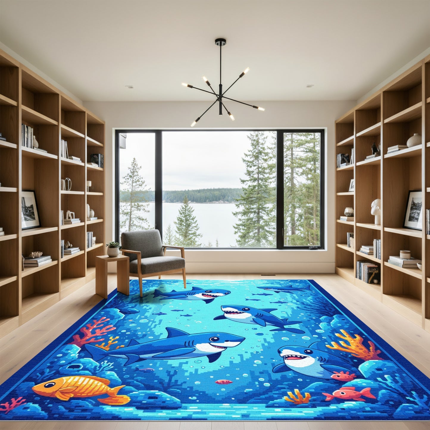 Charming Blue Sharks Underwater Collage Rug