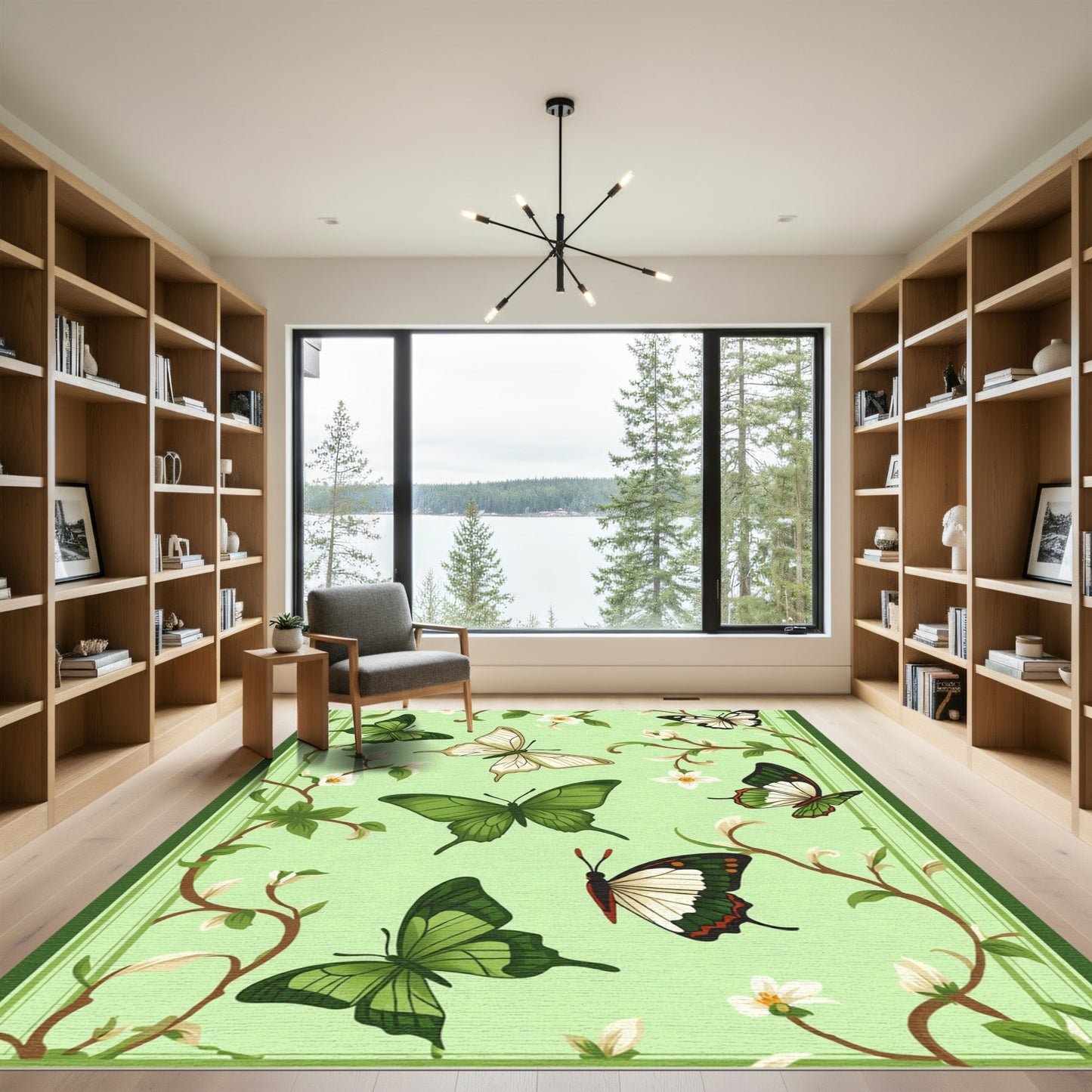 Green Butterfly Garden Floral Vines Rug