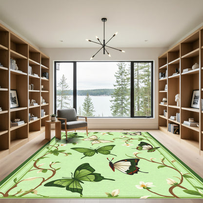 Green Butterfly Garden Floral Vines Rug