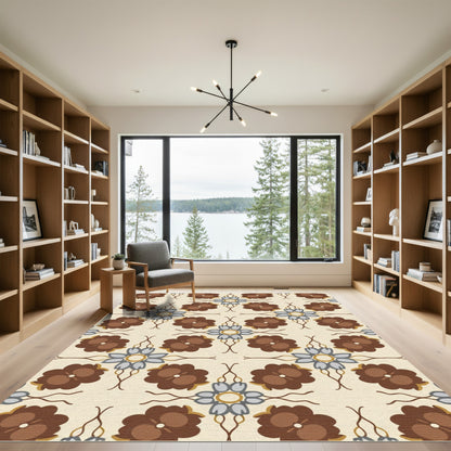 Brown Blue Floral Medallion Cream Rug