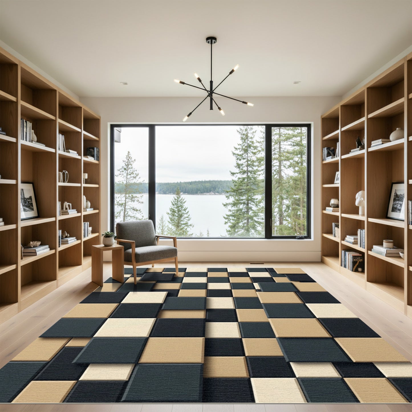 Checkered Squares Tan Black Cream Rug