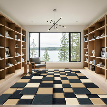 Checkered Squares Tan Black Cream Rug