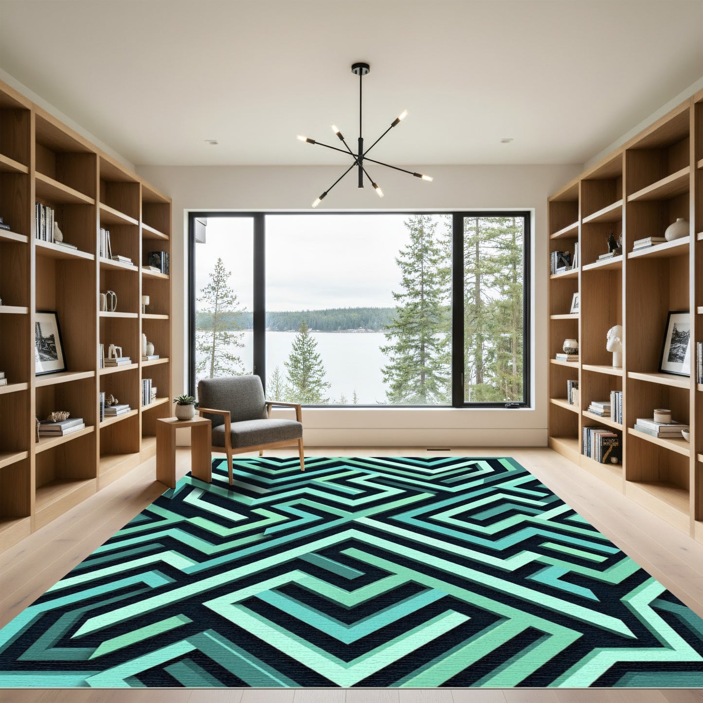 Teal Geometric Maze Labyrinth Rug