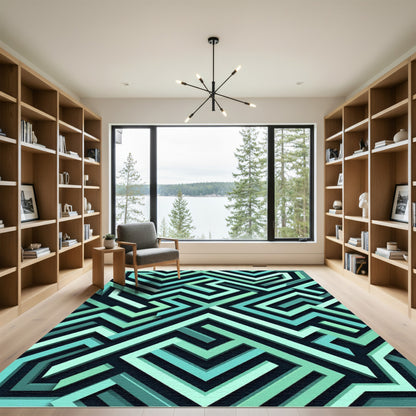 Teal Geometric Maze Labyrinth Rug