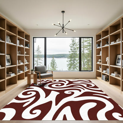 Crimson White Swirling Abstract Rug