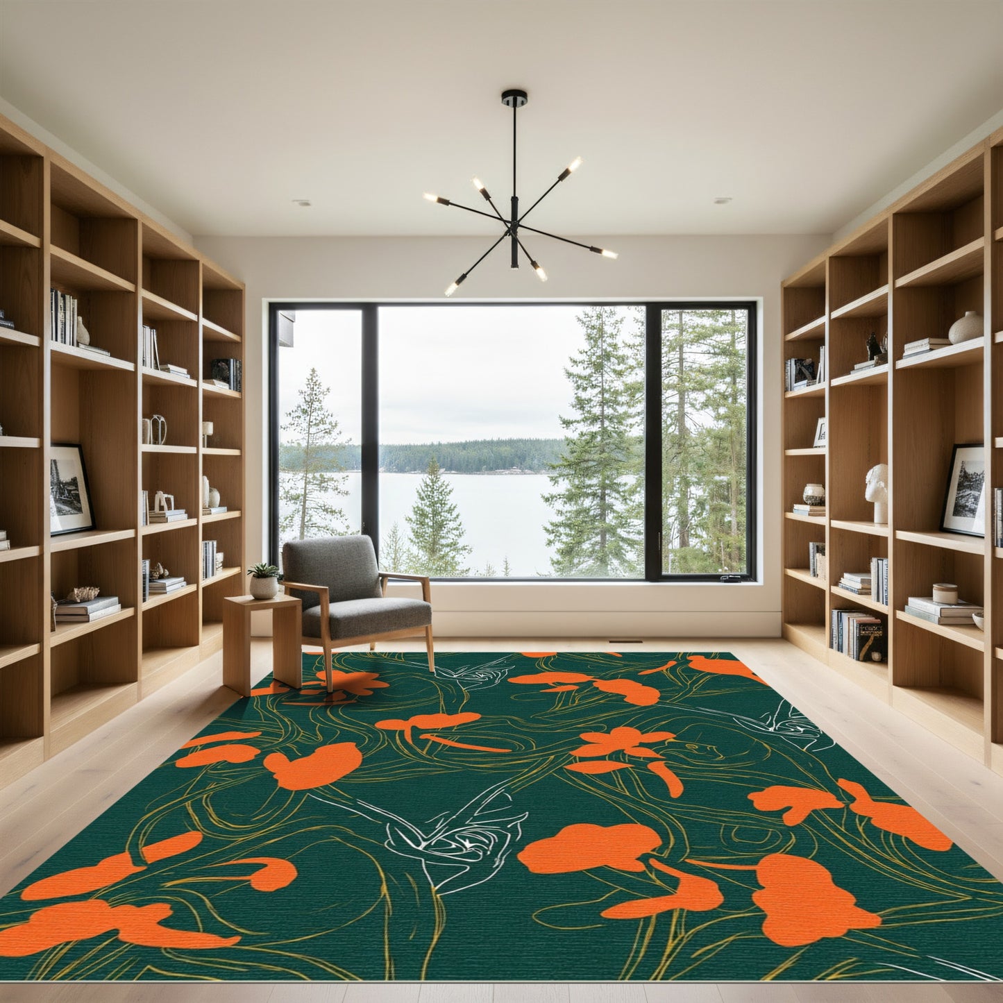 Dark Green Orange Floral Vine Artistry Rug