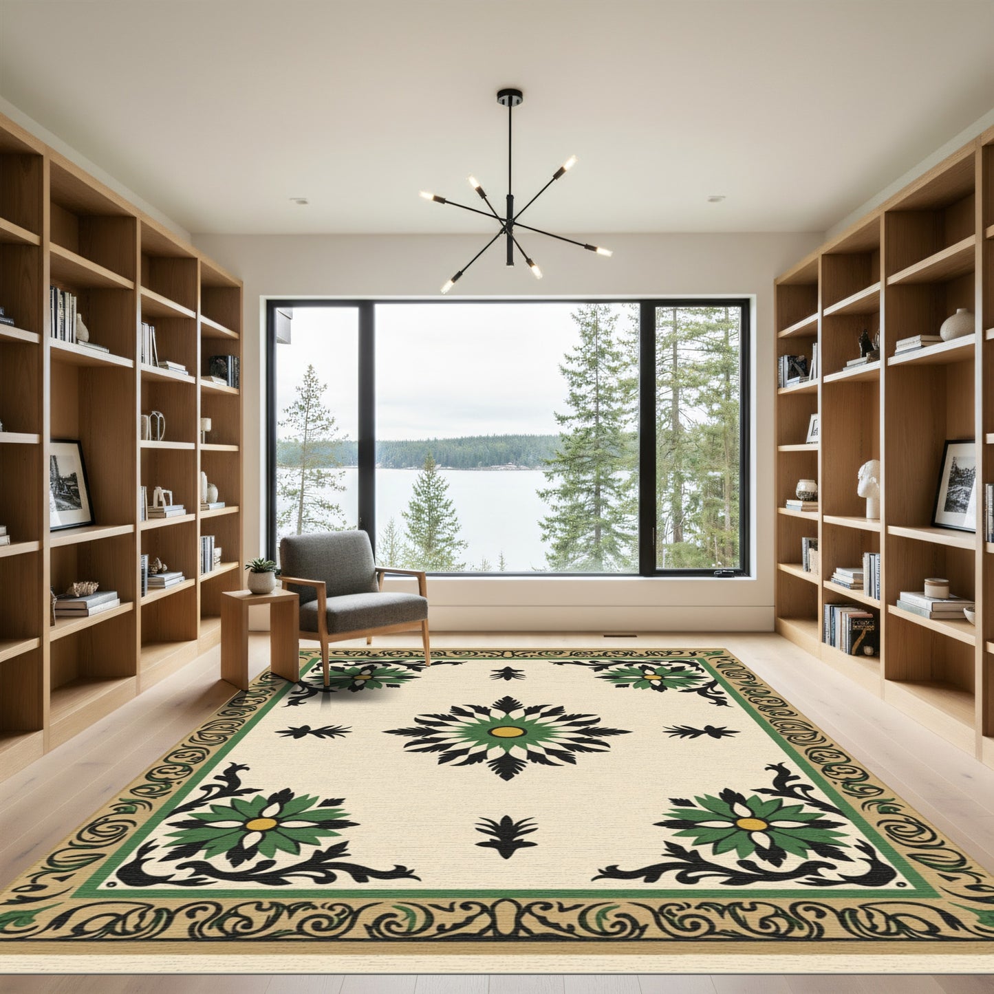 Green Black Floral Medallion Cream Border Rug