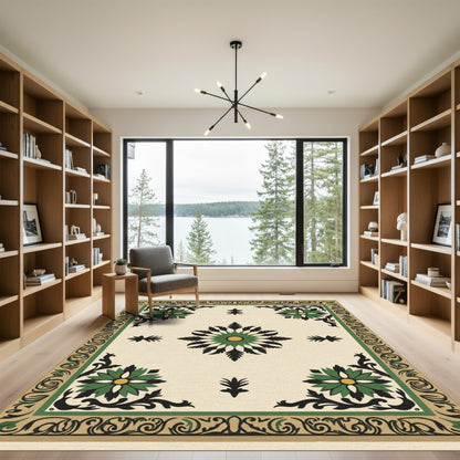 Green Black Floral Medallion Cream Border Rug