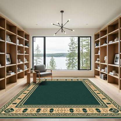 Dark Green Gold Scrollwork Border Rug