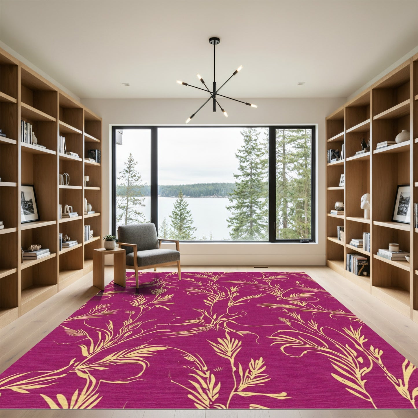 Vibrant Magenta Golden Botanical Vines Rug