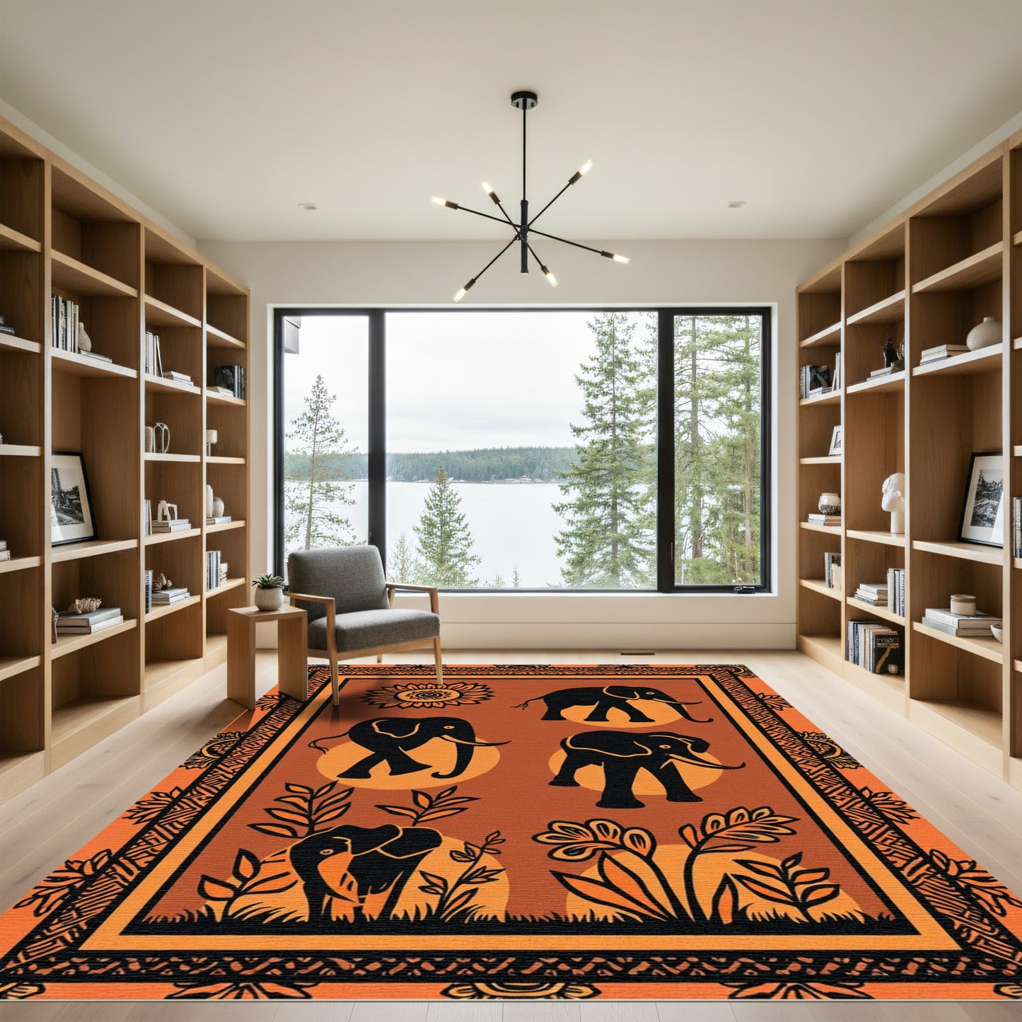 Orange Black Elephant Floral Border Rug