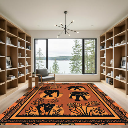 Orange Black Elephant Floral Border Rug
