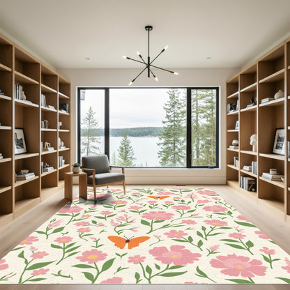 Pink Floral Whimsical Butterfly Garden Rug