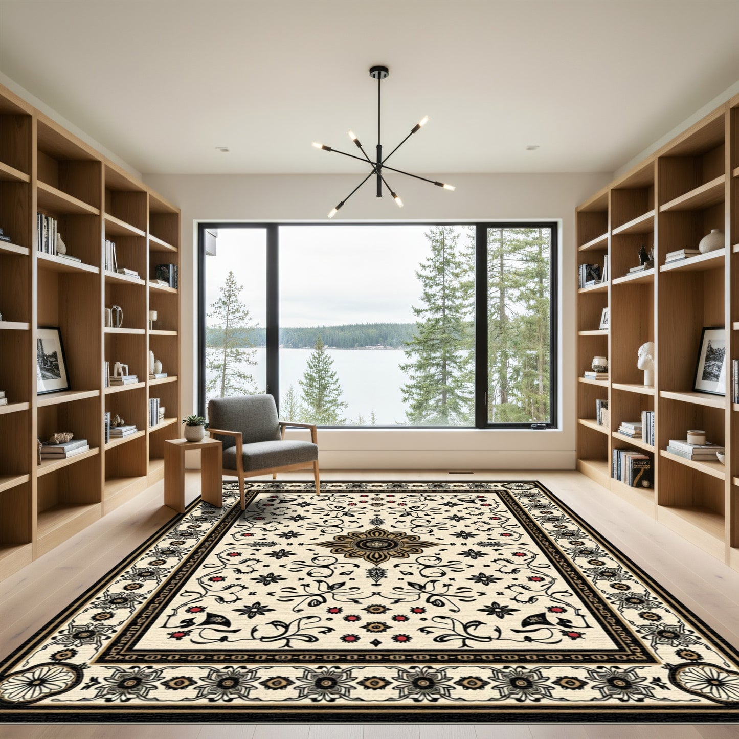 Cream Black Gold Floral Arabesque Rug