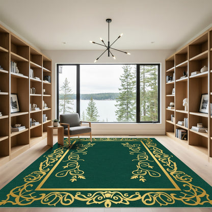 Elegant Gold Scrollwork Emerald Border Rug