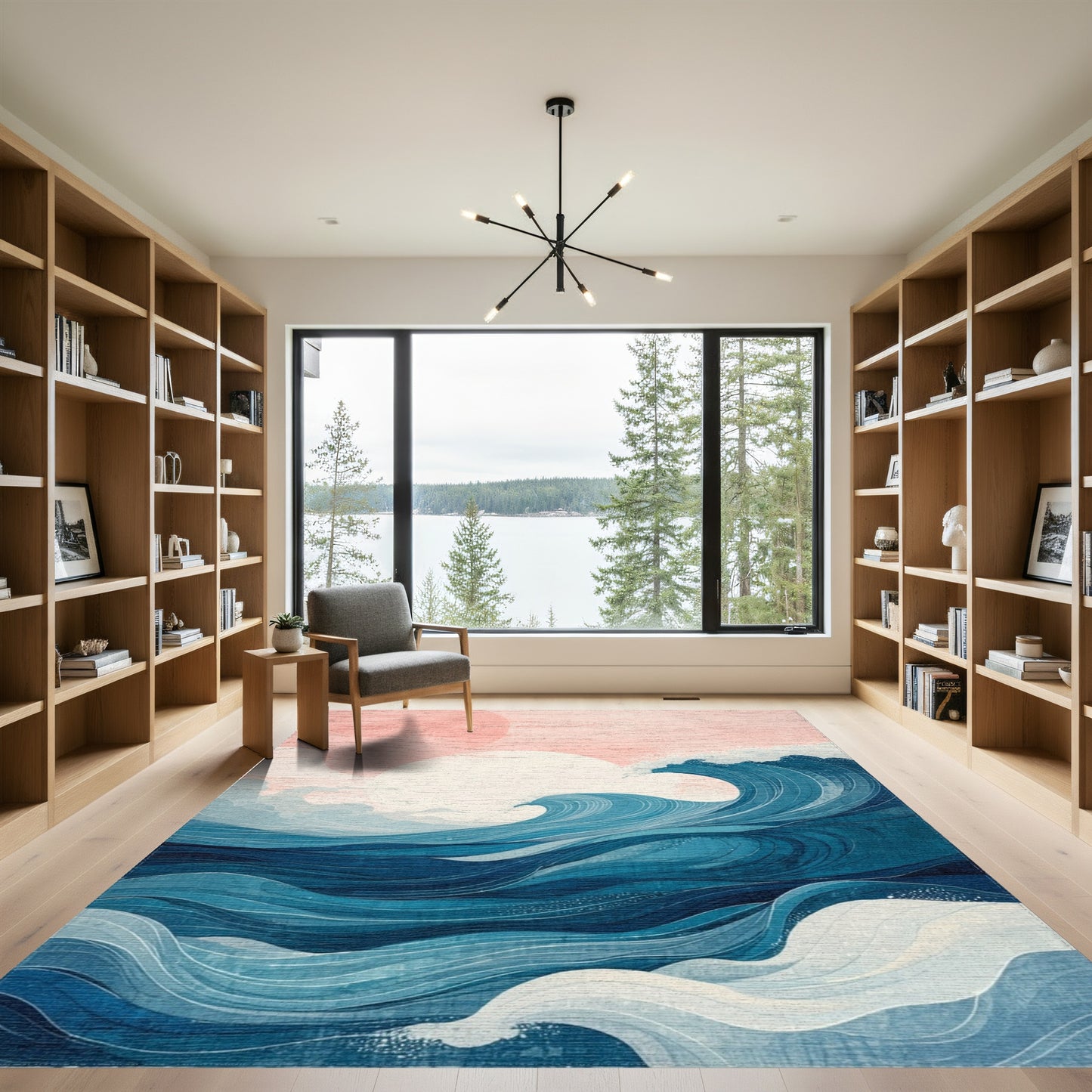 Abstract Pink Sun Blue Waves Rug