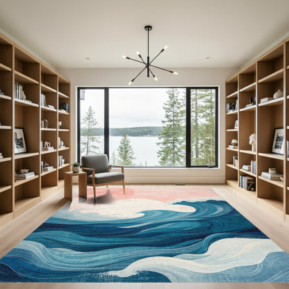 Abstract Pink Sun Blue Waves Rug