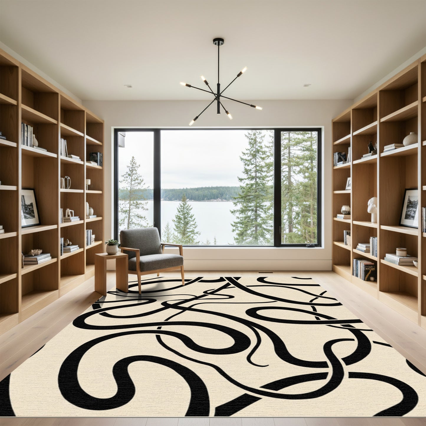 Black Wavy Lines Abstract Rug
