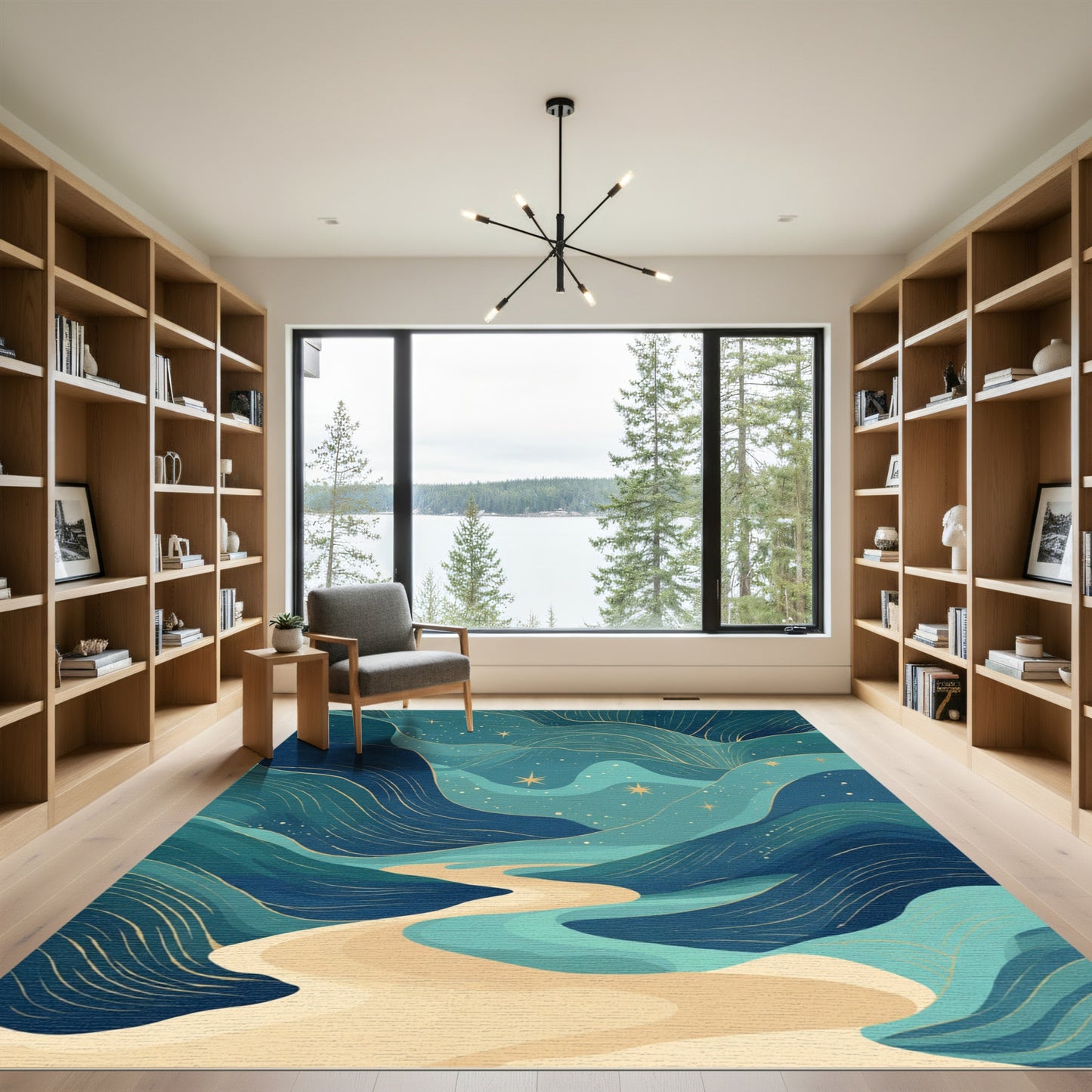Celestial Blue Winding River Landscape Rug