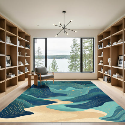 Celestial Blue Winding River Landscape Rug