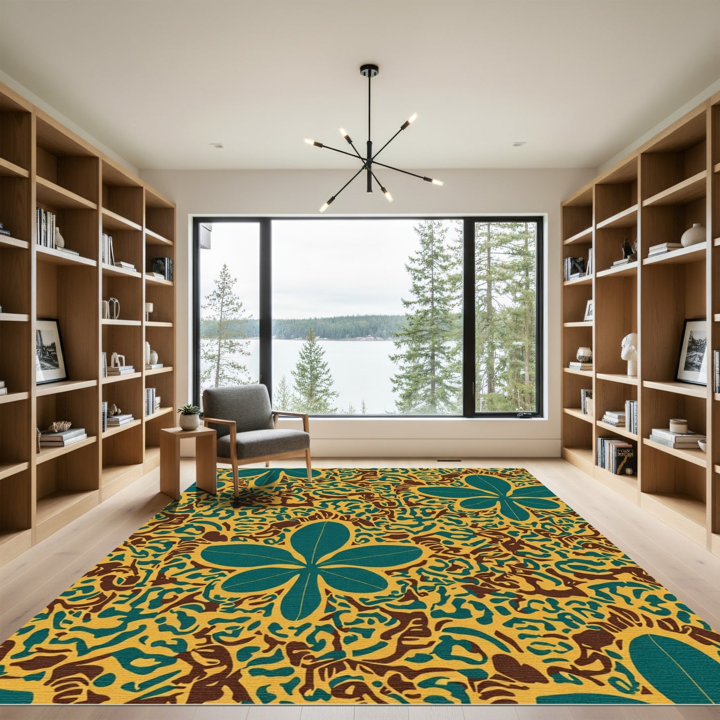 Teal Leaf Yellow Abstract Swirl Rug