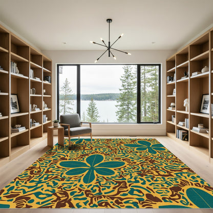 Teal Leaf Yellow Abstract Swirl Rug