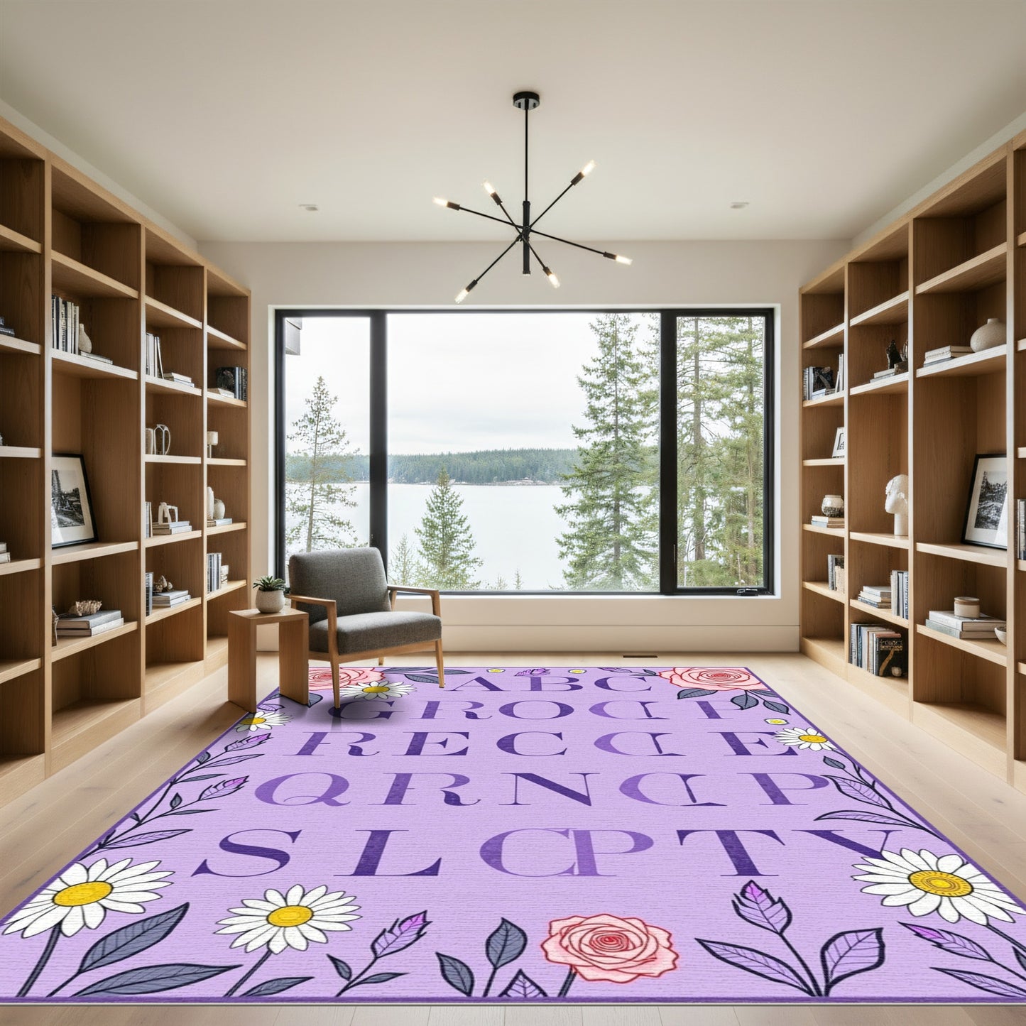 Lavender Floral Alphabet Arrangement Rug