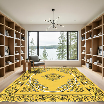 Lush Yellow Ornate Scrollwork Medallion Rug