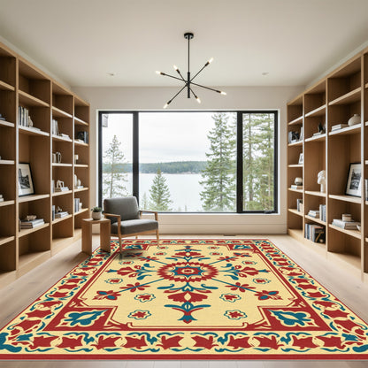 Crimson Teal Floral Medallion Layout Rug