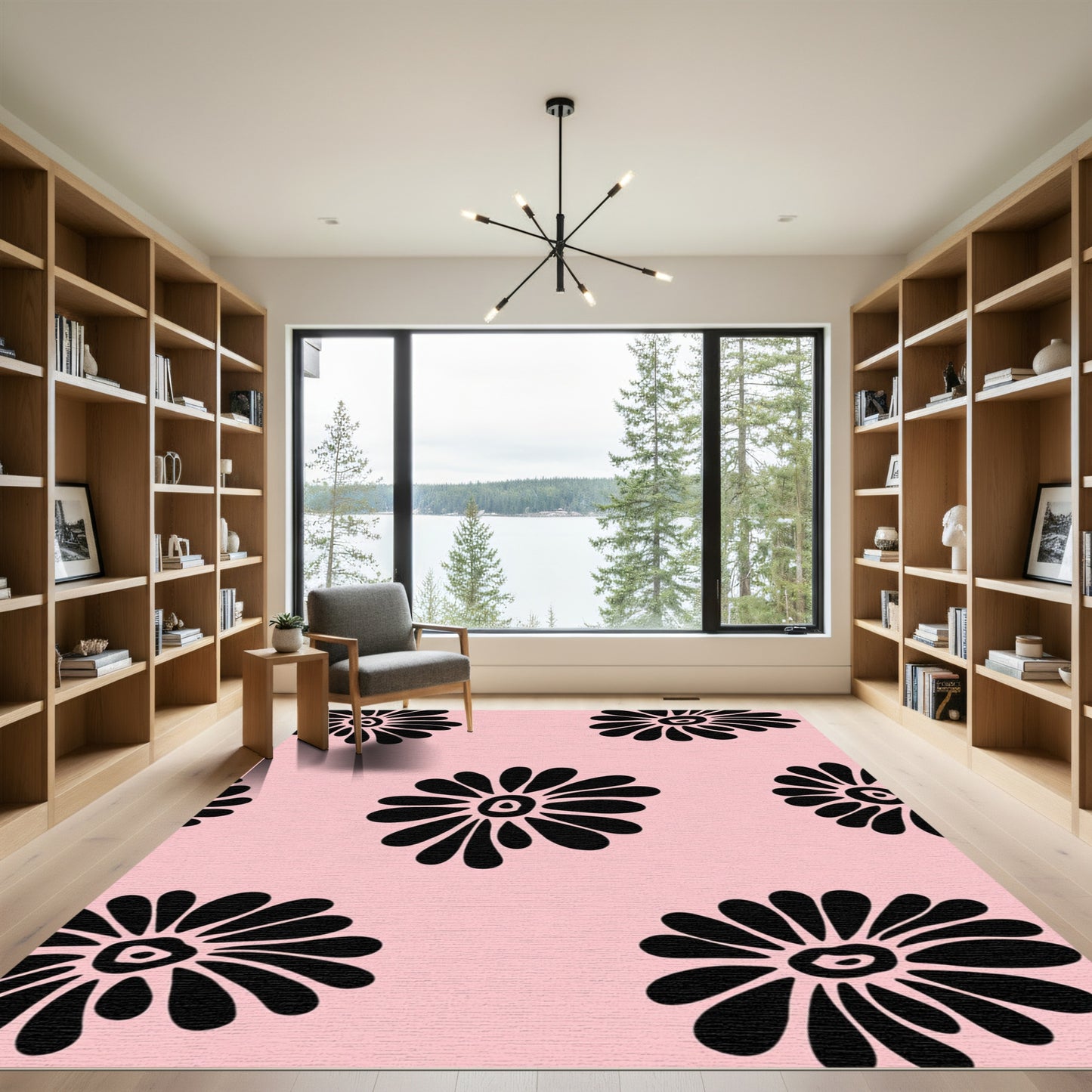 Black Petal Flower Garden Pink Rug