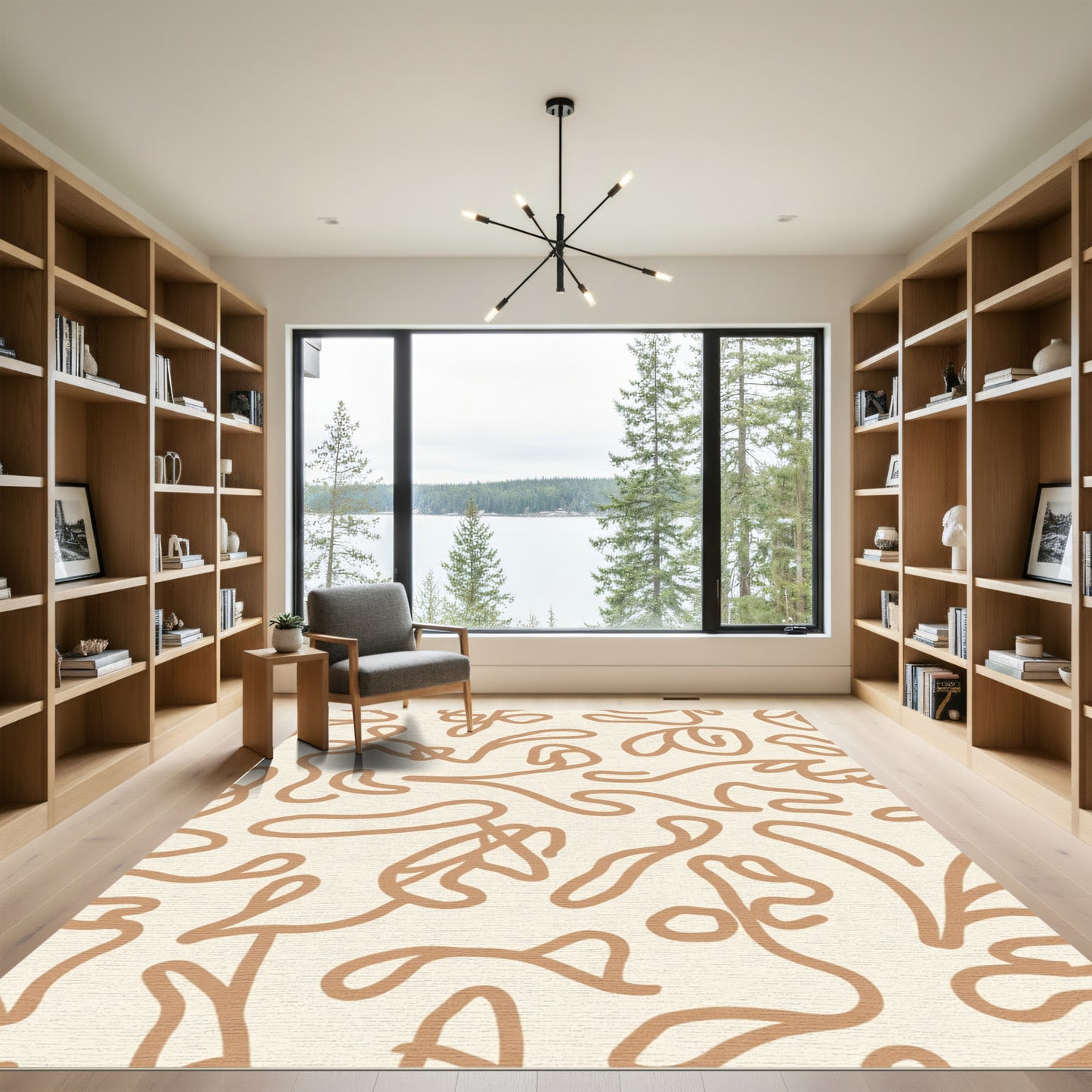 Cream Tan Abstract Swirl Line Rug