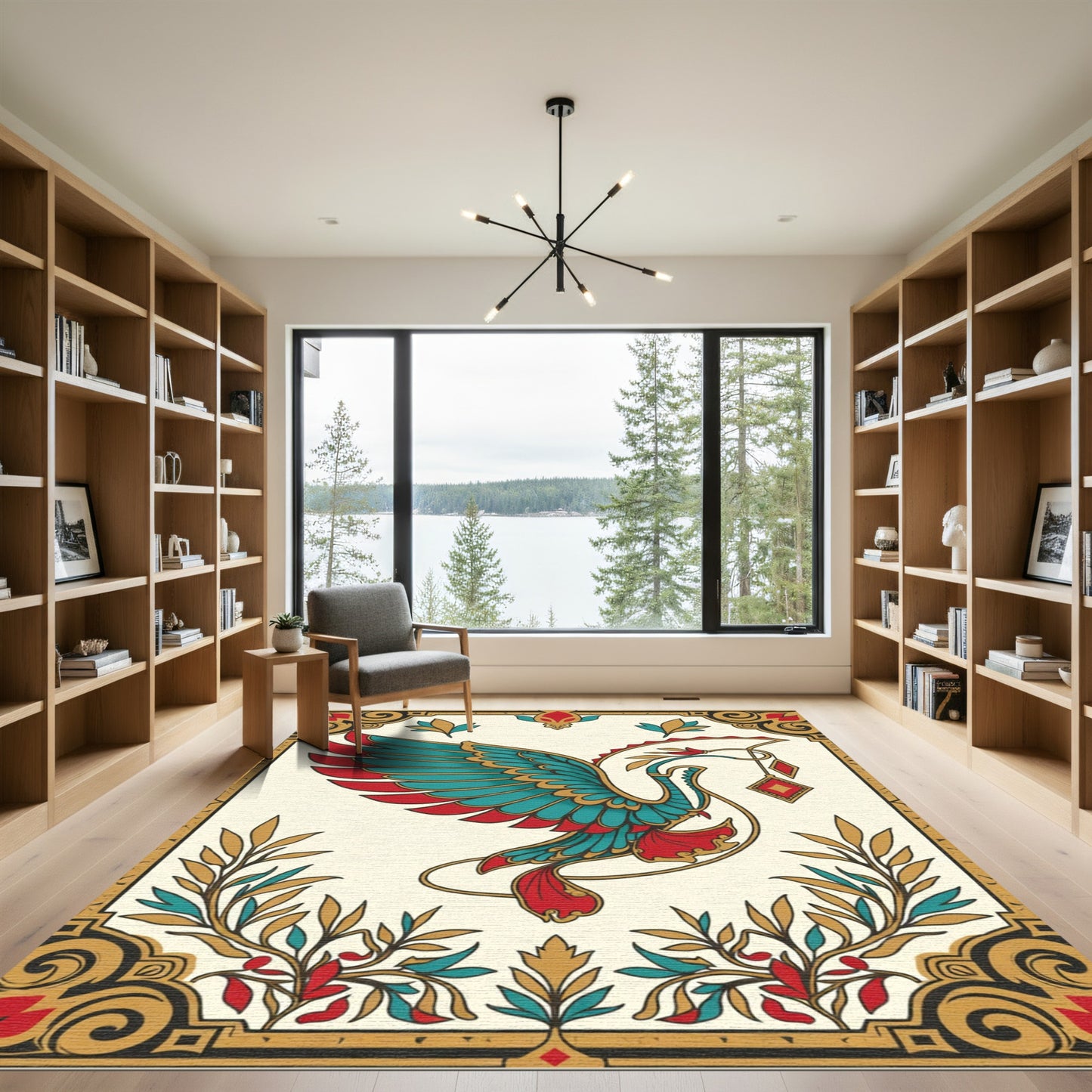 Exotic Teal Red Bird Jewel Art Nouveau Rug