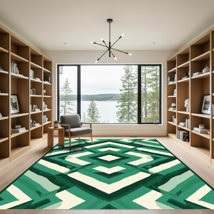 Emerald Geometric Diamond Abstraction Rug