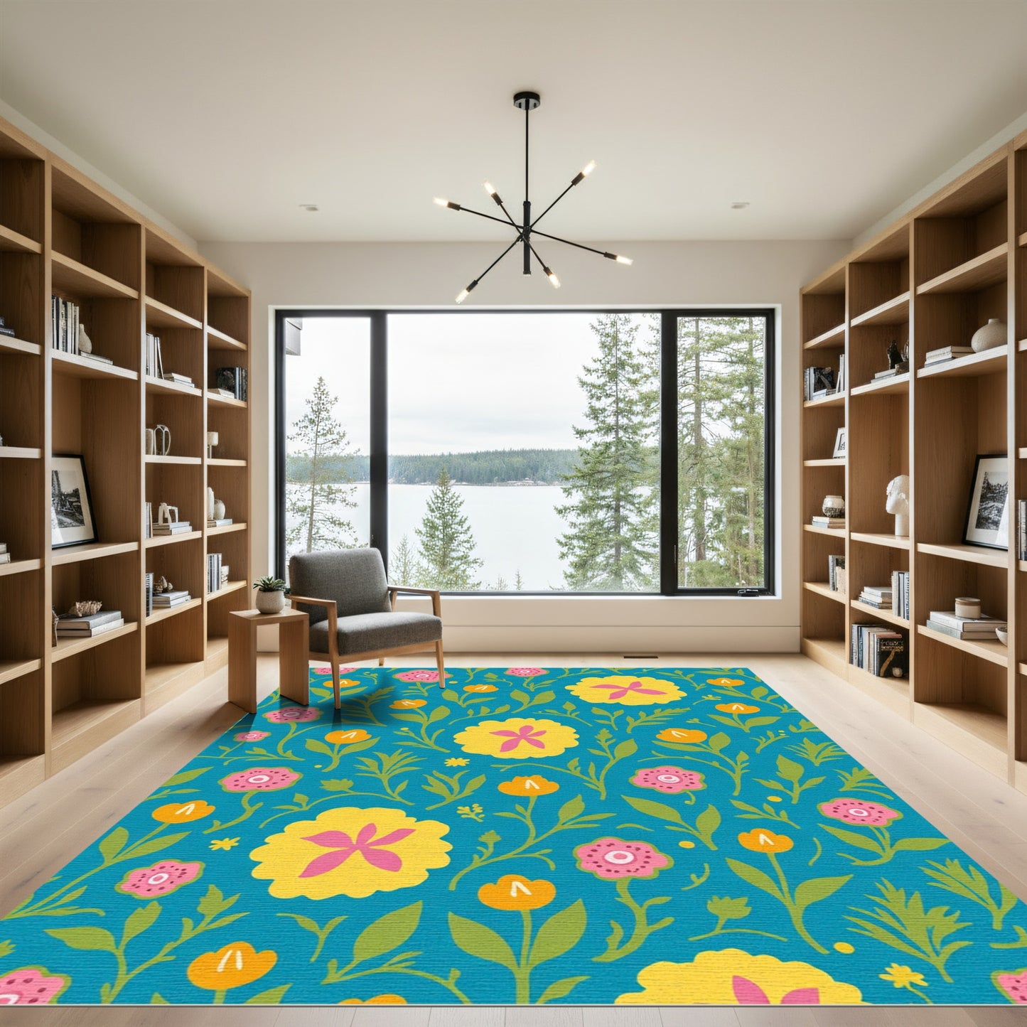 Vibrant Teal Pink Yellow Floral Meadow Rug