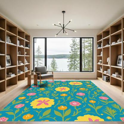 Vibrant Teal Pink Yellow Floral Meadow Rug
