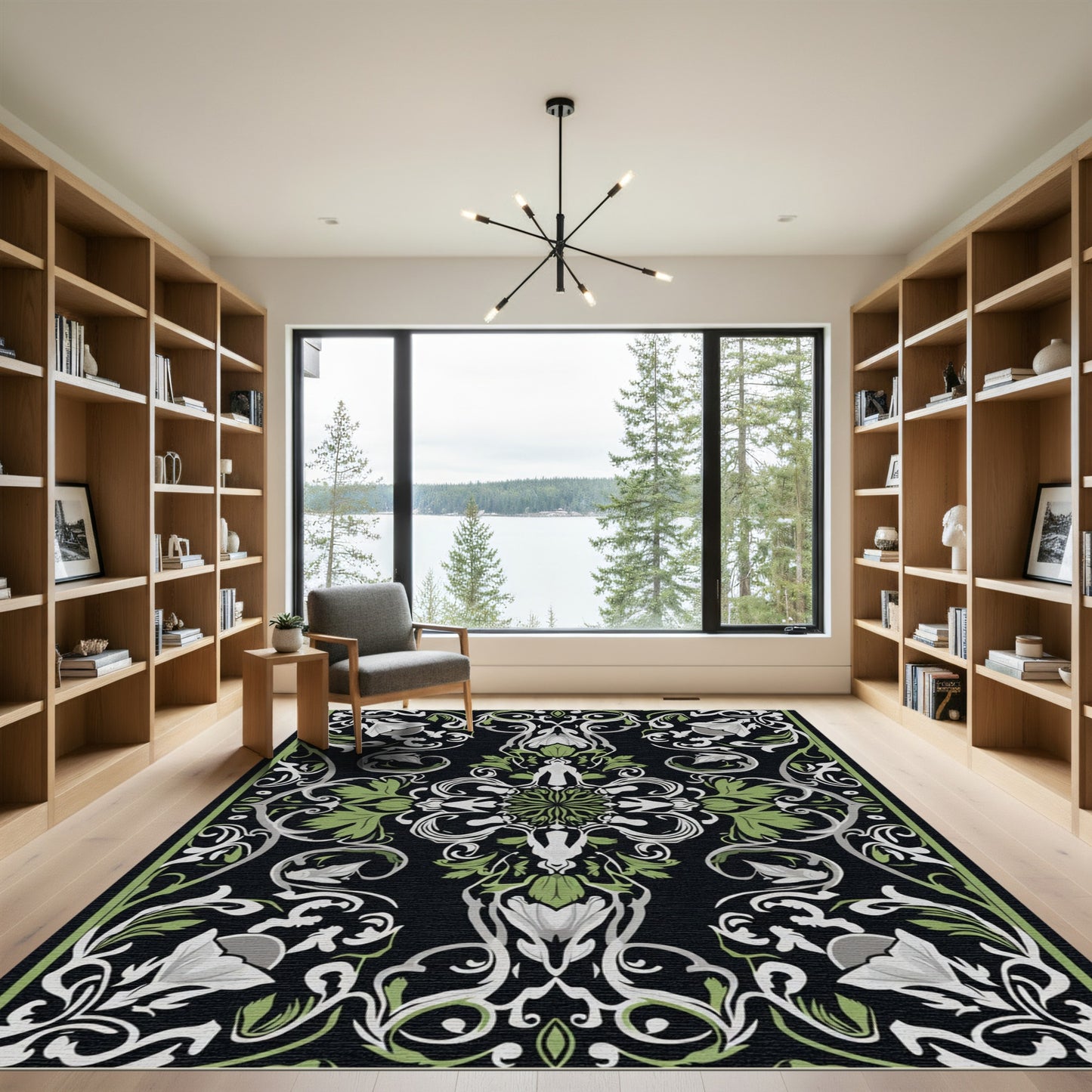 Art Nouveau Black Green Floral Scroll Rug