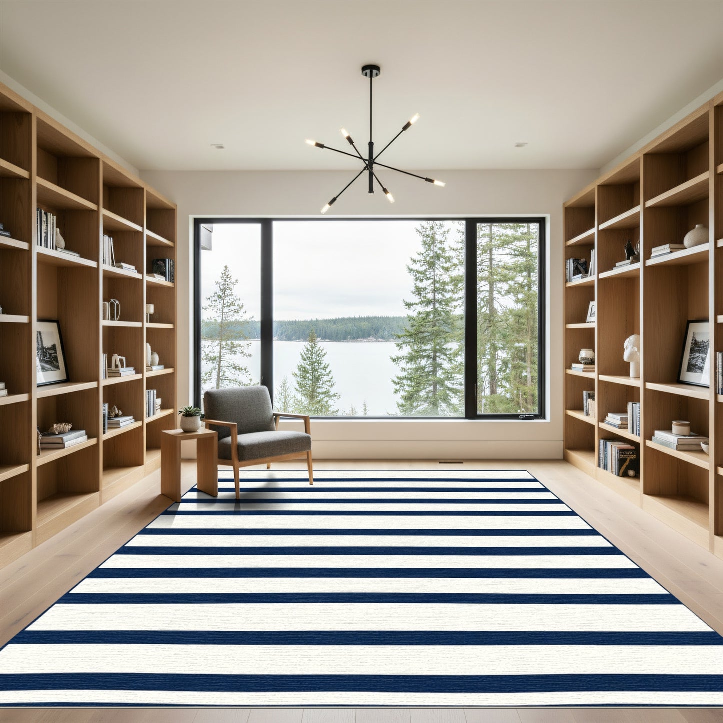 Deep Blue Cream Horizontal Lines Rug