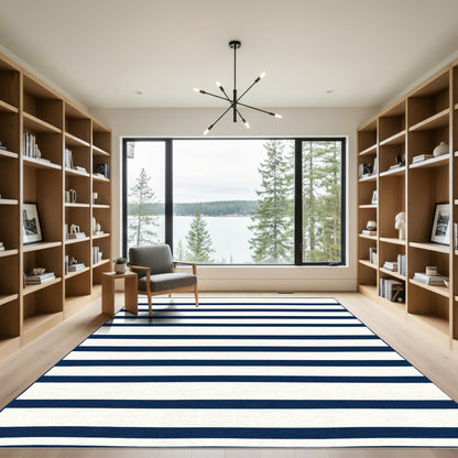 Deep Blue Cream Horizontal Lines Rug