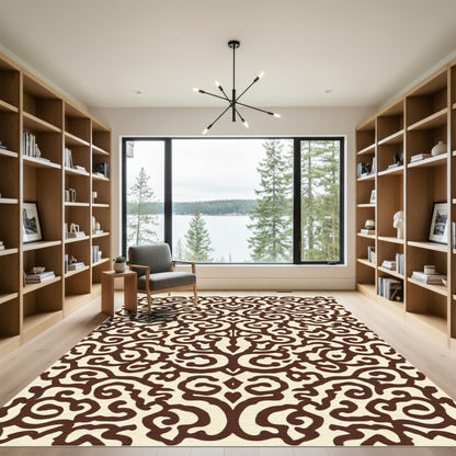 Deep Brown Organic Scroll Damask Rug