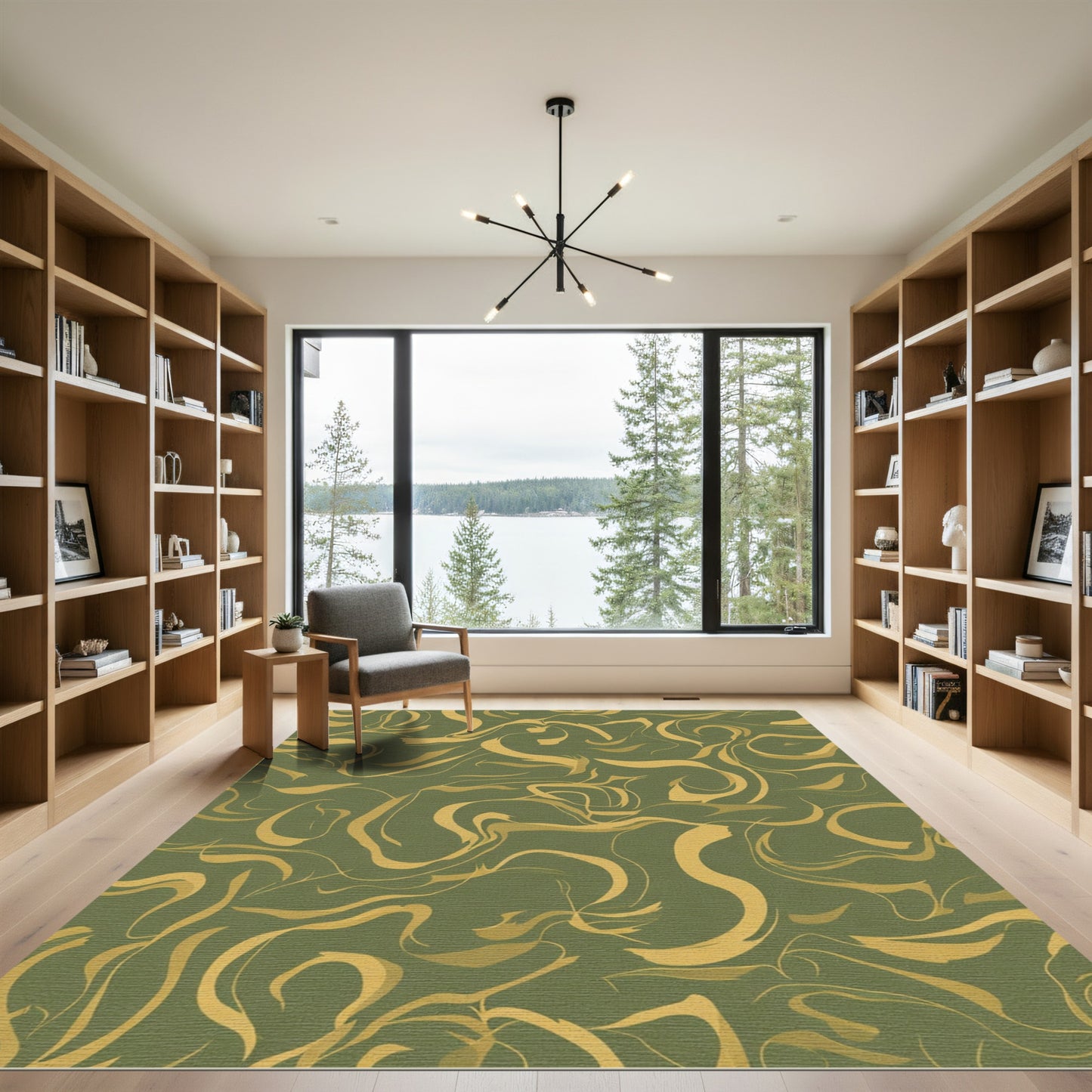 Golden Swirl Abstract Green Rug